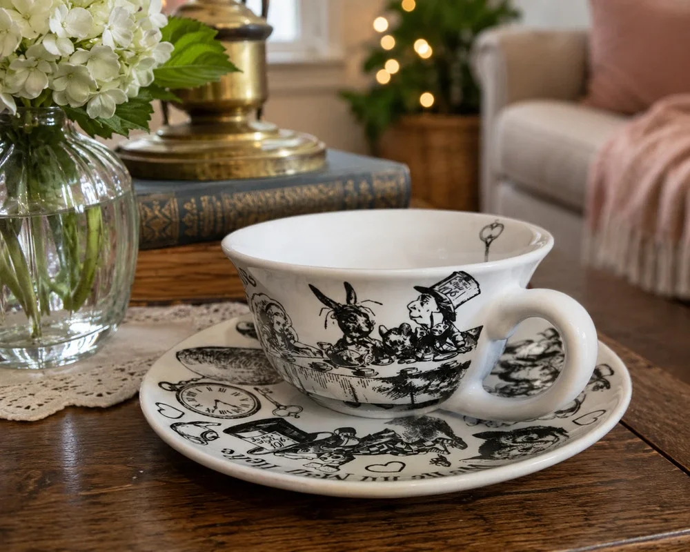 Alice in Wonderland Tea Cup & Saucer Set Mad Hatter White Rabbit Tea Time